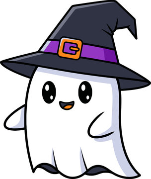 Cute Halloween ghost with witch hat isolated on white vector
