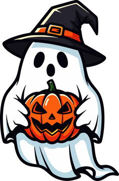 Cute Halloween Ghost Wearing Witch Hat and Holding a Jack-o'-lantern