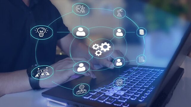 Automation, animation of technology and business process Hyperautomation with digital interface icons