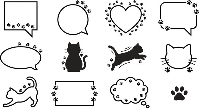 Cat-Themed Speech Bubbles and Paw Print Icons Collection