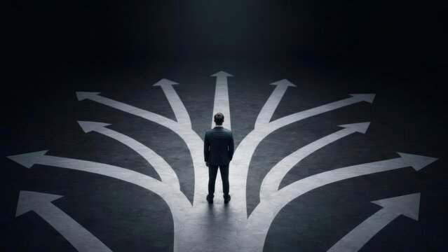 Person Stands at a Junction With Multiple Arrows Pointing in Different Directions, Representing Choices and Decisions in a Dark Space