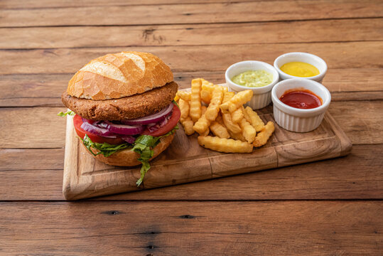 Brazilian Burger with Crispy Fries Gourmet Sauces