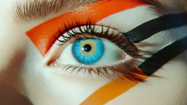Striking beauty close up of a face with bold orange and white makeup highlighting a vivid blue iris in a creative cosmetic composition