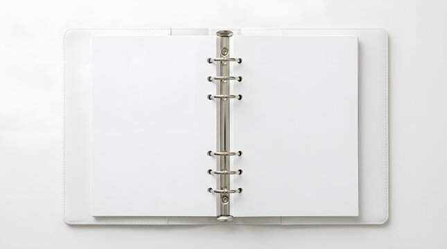 Open white binder with blank pages isolated on white background
