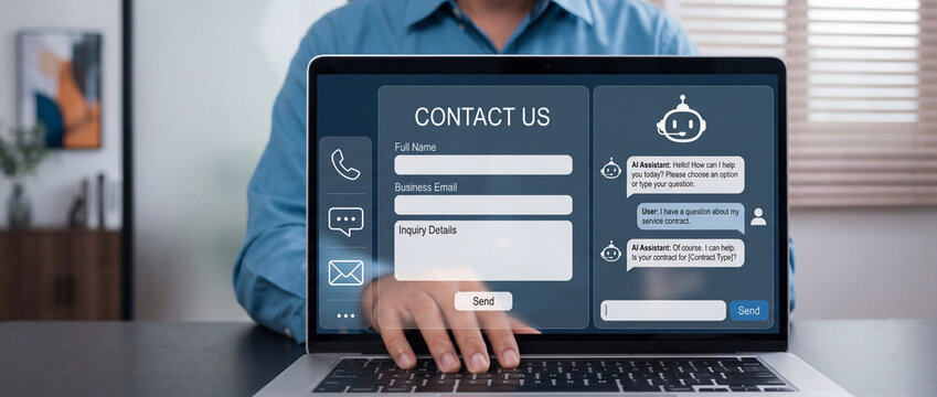 Online contact form and AI chatbot customer support on laptop screen being used by a businessman
