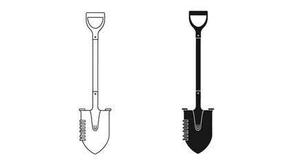 Shovel Silhouettes: A minimalist presentation showcasing two distinct shovel designs, one rendered as a clean outline and the other as a solid black silhouette. © AJM