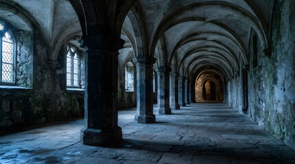 Obraz premium Dark gothic cathedral cloister corridor with medieval stone pillars and vaulted ceiling