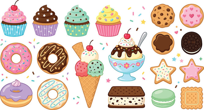 Cute dessert vector illustration set featuring frosted cupcakes sweet donuts cookies macaron and ice cream sundae icons