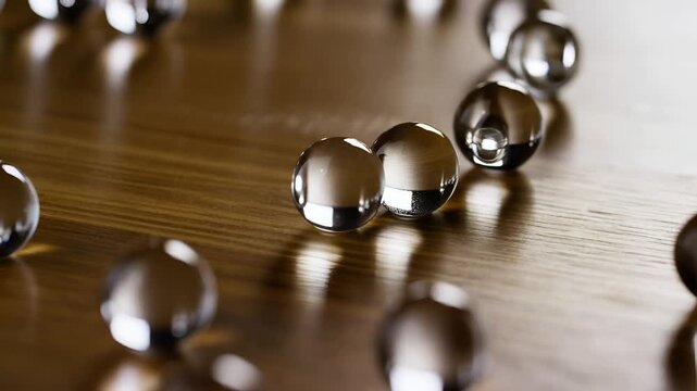 Clear liquid water droplets or glass beads on dark wooden texture surface.
