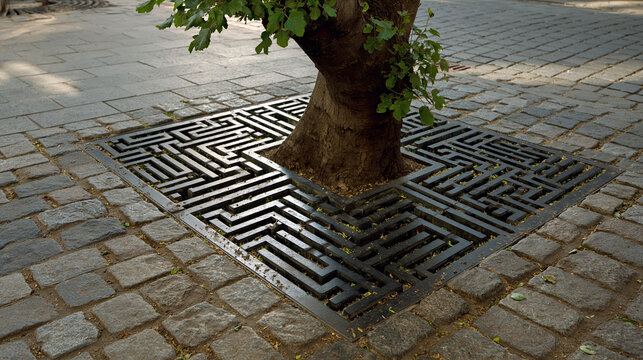 Tree surrounded by intricate maze-shaped metal grate on pavement. Tree grate with geometric pattern in pavement