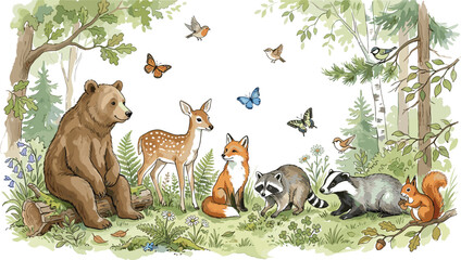 Woodland Forest Animals Vector Illustration with Bear, Deer, Fox, Raccoon, Squirrel, Birds, and Butterflies in Nature Scene for Nursery and Kids Designs © MdRiazul