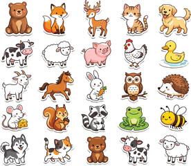 Cute Cartoon Animal Sticker Set with Bear, Fox, Deer, Cat, Dog, Farm Animals, and Wild Creatures Isolated on White Background © MdRiazul