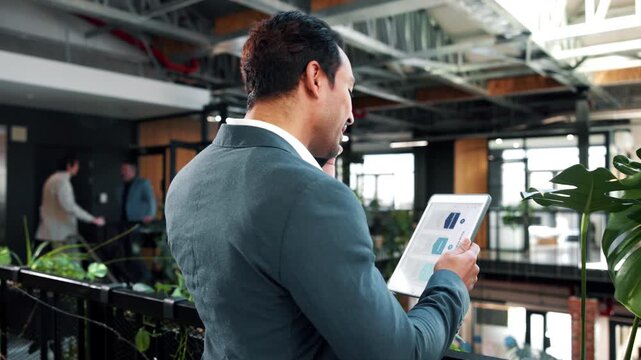 Phone call, tablet and business man in office for environmental project, ESG report or analysis. Tech, talk and sustainability consultant in company with climate risk assessment, CSR chart or smile