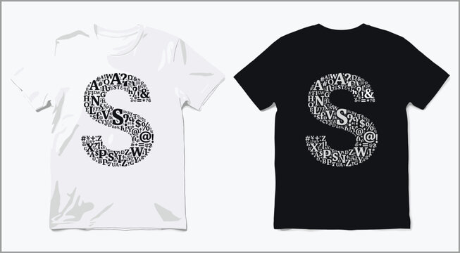 Letter S Typography T-Shirt Mockup Vector Illustration with White and Black Shirts Featuring Alphabet Word Cloud Design
