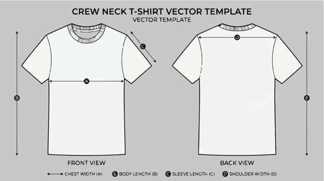 T Shirt Vector Template with Front and Back View White Crew Neck Tee Tech Pack
