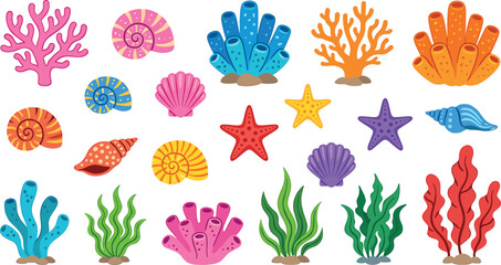 Colorful underwater sea coral reef plant seaweed and ocean seashell icon vector collection set for marine biology nature life design © ALOMGIR
