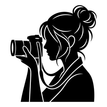 Silhouette illustration of female photographer using a camera with photographer photography silhouette professional portrait creative isolated illustration hobbyist lifestyle activity