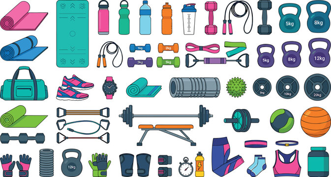 Comprehensive gym fitness workout gear mega vector set featuring heavy weight training equipment barbells dumbbells kettlebells and activewear icons