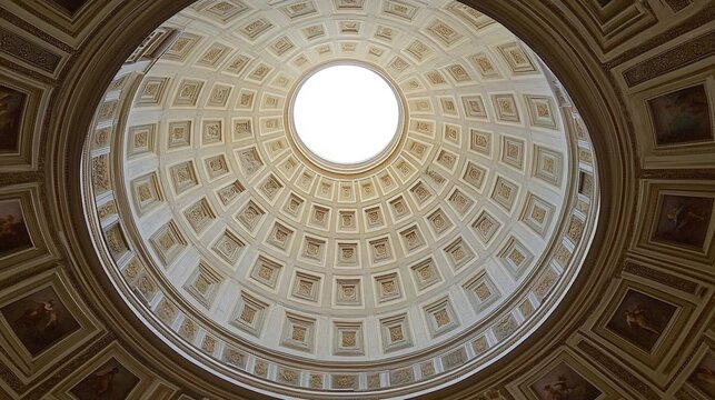 hemisphere. Interior view of a classical dome with frescoes and dramatic lighting from above. real-estate listings.