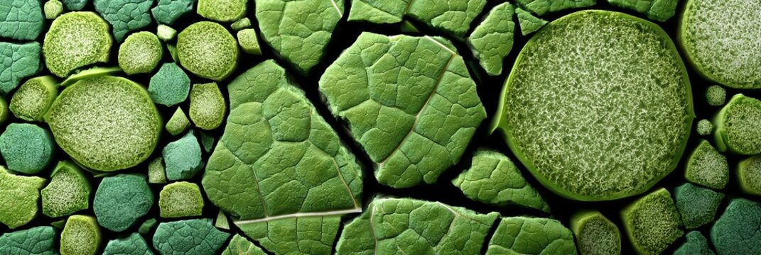 Seamless Background of Tumbled Green Collard Leaf Shards and Organic Sliced Vegetable Stem Textures.