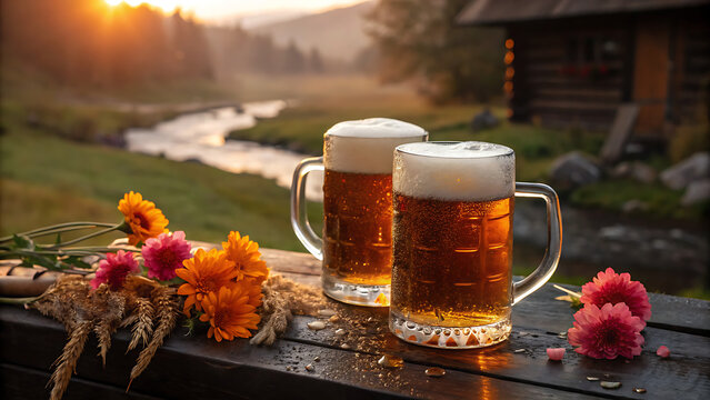 Two glass mugs of cold beer with foam on a rustic wooden table at sunset near a mountain river and log cabin