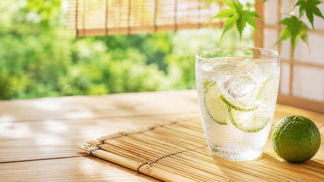 青ゆずソーダと氷の涼感が伝わる夏の和風ドリンク