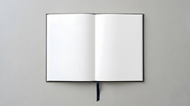 Open notebook with blank pages and a dark blue bookmark ribbon