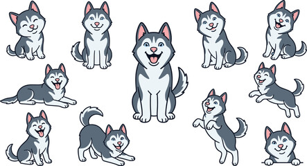 Husky Dog Character Collection Vector Set with Cute Puppy Poses, Cartoon Pet Illustrations and Adorable Domestic Animal Design Pack © MdJalal