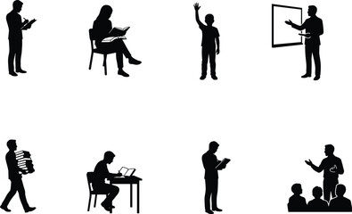 Obraz premium Education and Teaching People Silhouette Collection Featuring Students Teachers Reading Writing and Classroom Learning Vector Set