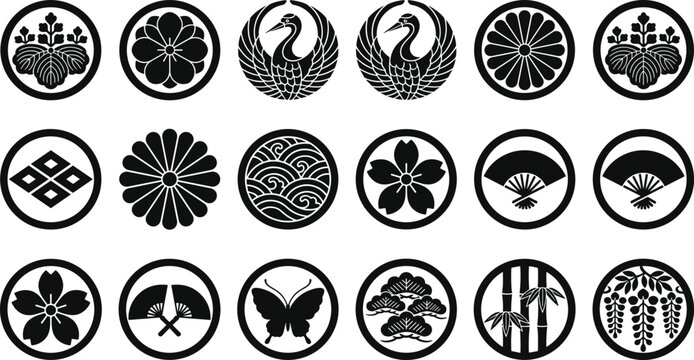 Japanese Traditional Mon Emblem Collection Vector Set with Samurai Clan Symbols, Floral Crests and Historic Cultural Badge Illustration Pack