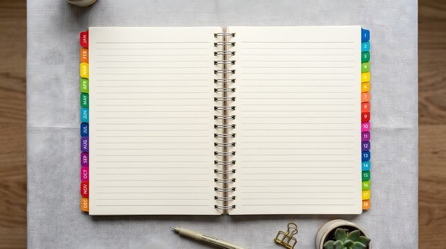 Open notebook with monthly and daily tabs on a textured surface