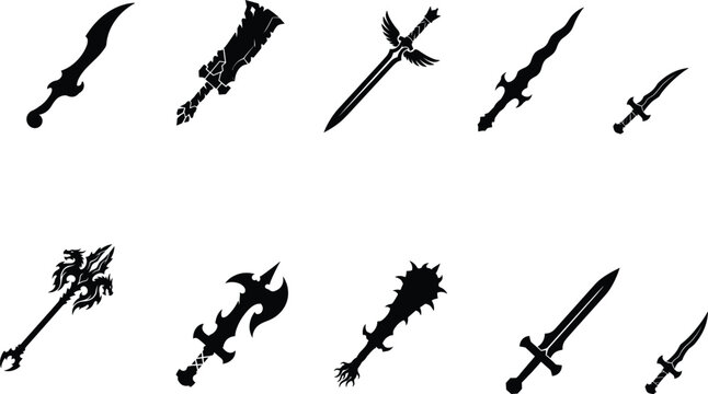 Fantasy Medieval Weapon Silhouette Collection Featuring Swords Axes Maces and Magical Blades Isolated Black Vector Icon Set