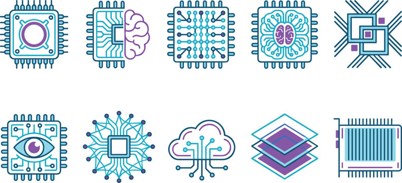 Artificial Intelligence Processor Icon Set with Neural Network Chips, Cloud Computing Systems and Machine Learning Technology Vector Collection