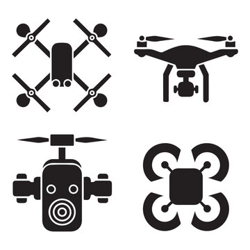 Drone technology vector icon set with Uav quadcopter and aerial photography silhouette