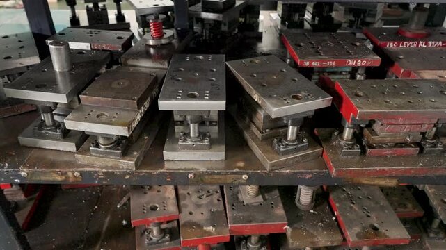 Labeled Metal Dies and Molds Stacked in Manufacturing Storage