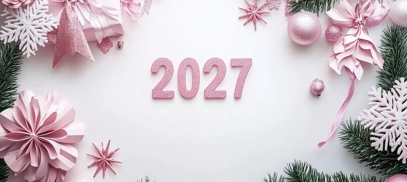 Minimalist Festive New Year 2027 In Pastels Featuring Snowflakes Foliage And Ornaments On White