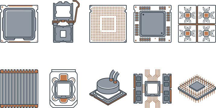 Microprocessor CPU Chip Icon Set with Semiconductor Processor Components, Computer Hardware Technology Elements and Electronic Circuit Vector Collection