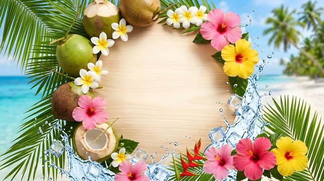 Tropical Summer Background with Coconuts Flowers and Palm Leaves