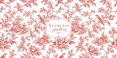 Fototapeta premium Toile seamless pattern with vintage birds, floral branches, garden landscapes, temple, bridge and elegant label for wallpaper, fabric, textile and vector background
