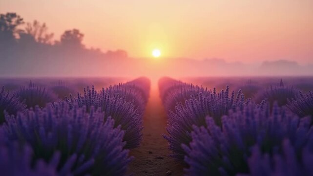 Bright lavender field border frame, soft violet bokeh sky background, Provence summer concept mockup template display
