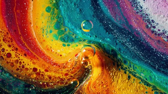 Colorful abstract liquid artwork with bubbles and swirling patterns mesmerizing viewers as vibrant colors blend together, creating a captivating visual experience of fluid motion.