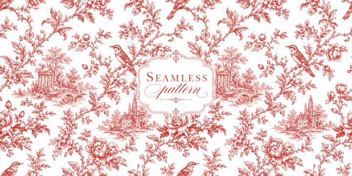 Toile seamless pattern with vintage birds, floral branches, garden landscapes, temple, bridge and elegant label for wallpaper, fabric, textile and vector background