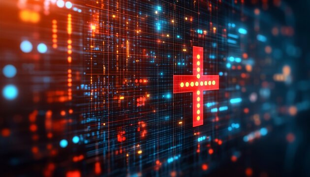 Abstract Digital Healthcare Technology Background With Glowing Medical Cross Symbol And Data Lines