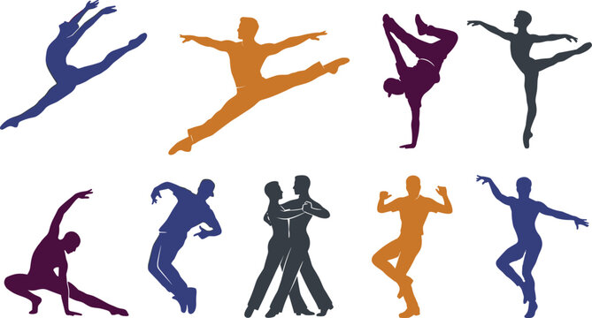 Dance Pose Collection with Ballet Performance Silhouettes Artistic Movement Contemporary Dancer Fitness Expression and Performing Arts Vector Set