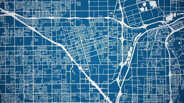 Ink reveal animation of Anaheim city, California (CA), United States of America, grid map. Aerial top view. Blueprint style. White lines with blue background. 4K Seamless loop.