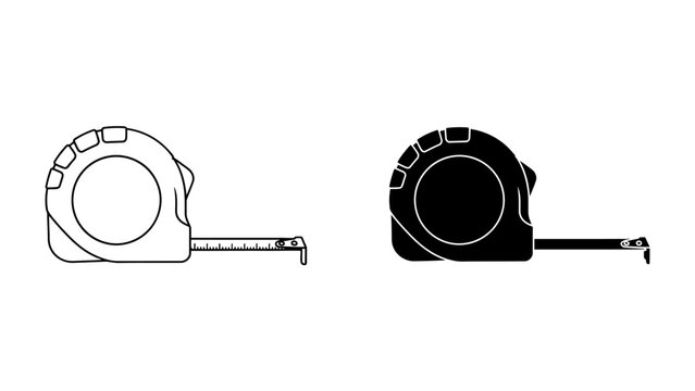 Measuring Tape Icon Set: A clean vector graphic presenting two distinct icons of a measuring tape, one in outline and the other as a solid silhouette, symbolizing precision and measurement.