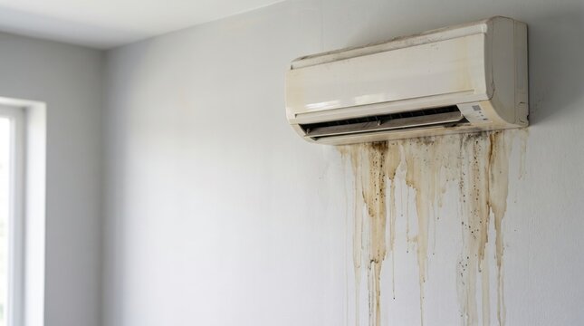 Dirty moldy air conditioner leaking water indoors. Poor HVAC maintenance, clogged air conditioner, indoor air quality, repair service and home maintenance concept
