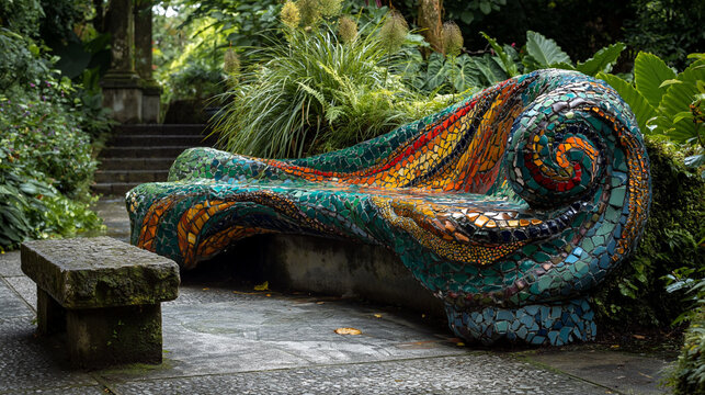 Colorful mosaic bench surrounded by lush greenery in garden. Colorful mosaic bench in botanical park