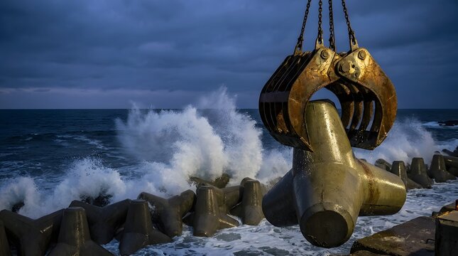 Industrial claw lifting a concrete tetrapod at a coastal breakwater with crashing waves during the stormy dusk