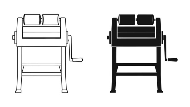 Vintage Dough Roller Machine: An illustration showcasing a vintage dough roller machine in two variations: a clean line drawing and a solid silhouette, ready for use in baking or cooking.